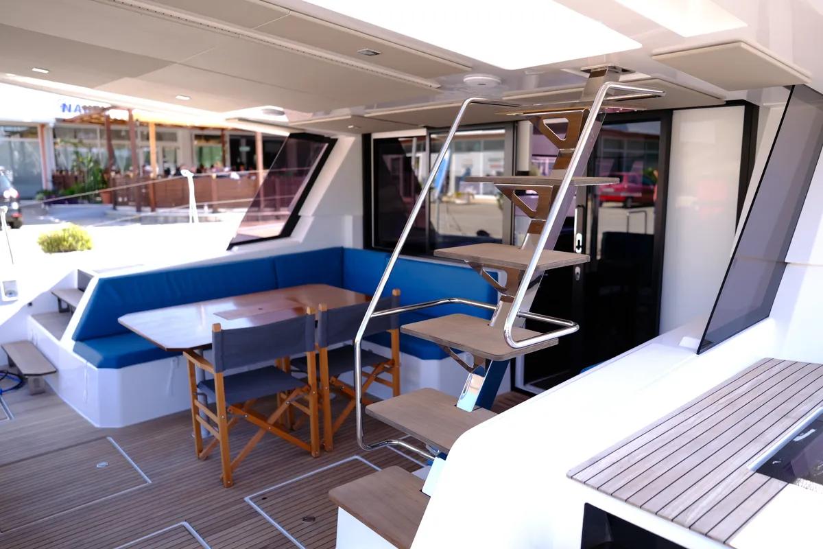 Salon of Abuzz, a Cervetti 44 Power catamaran at Primošten, Croatia