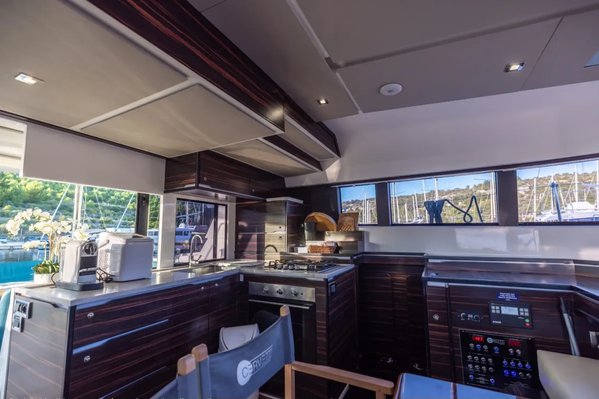 Galley of Abuzz, a Cervetti 44 Power catamaran at Primošten, Croatia