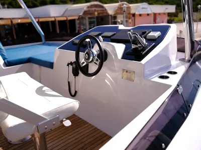 Cockpit of Abuzz, a Cervetti 44 Power catamaran at Primošten, Croatia