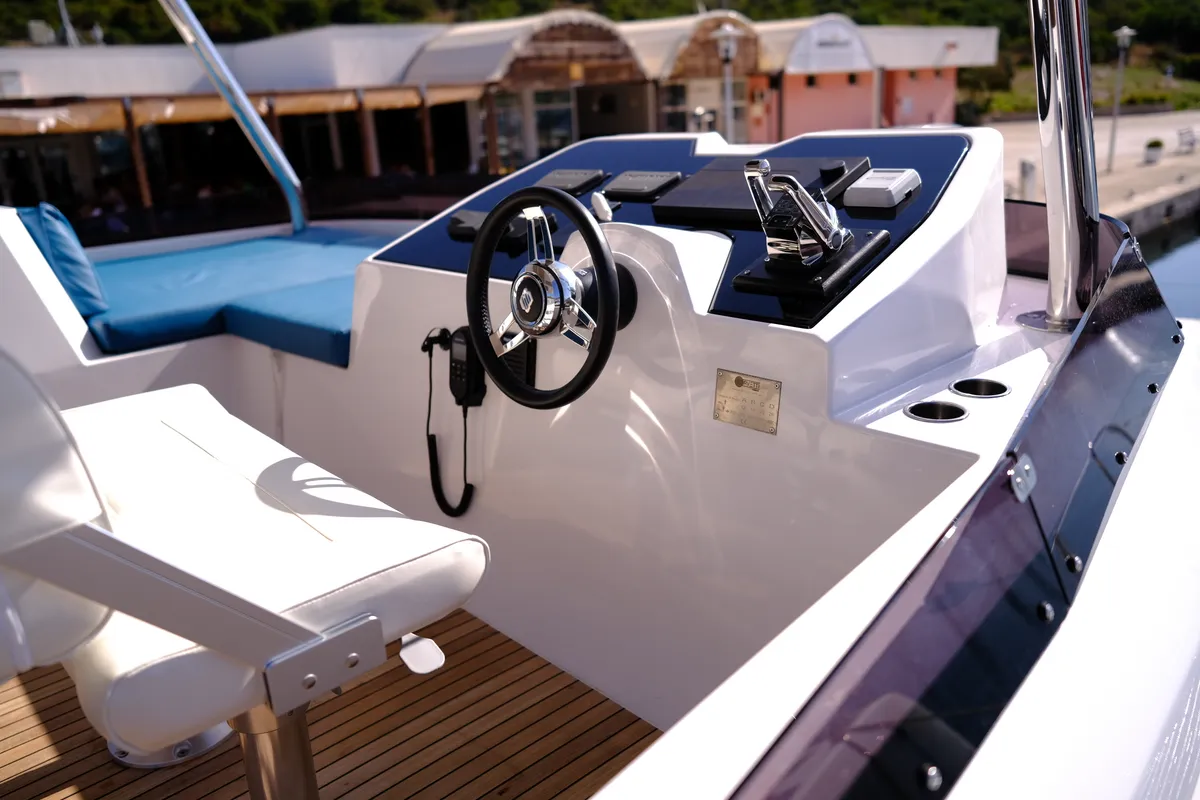 Cockpit of Abuzz, a Cervetti 44 Power catamaran at Primošten, Croatia