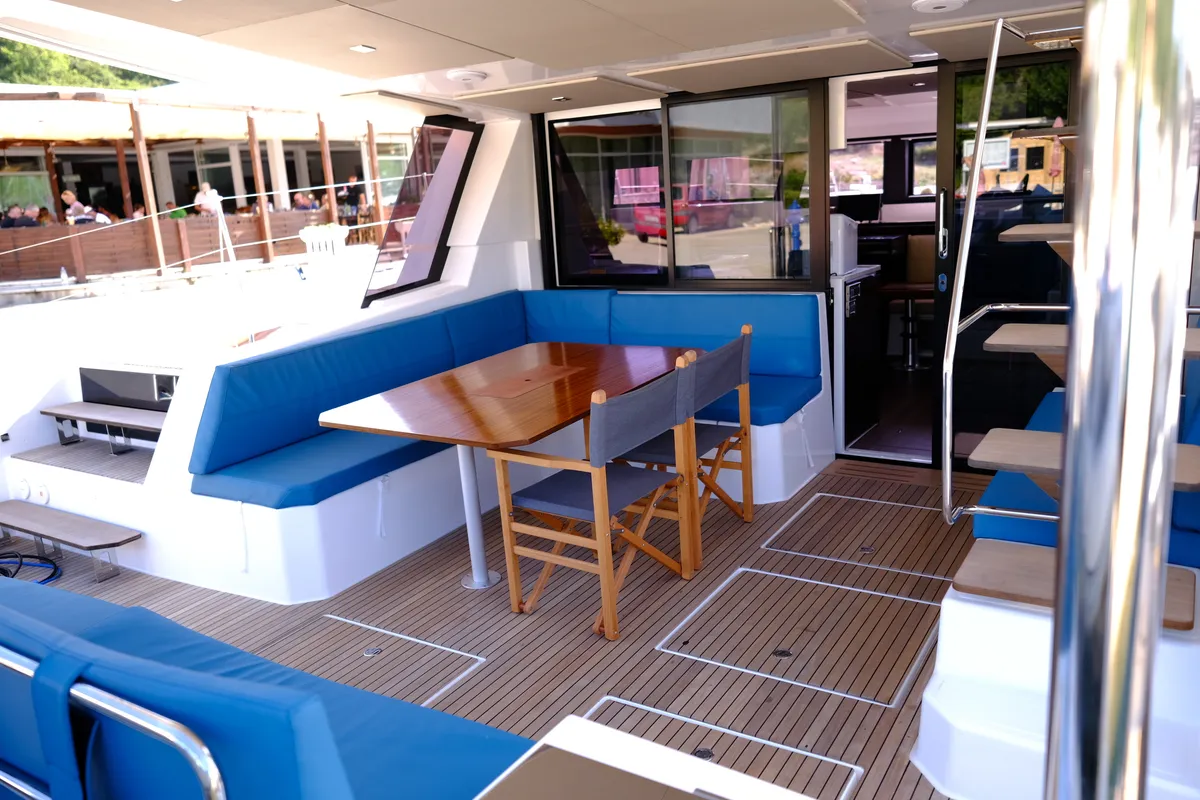Deck of Abuzz, a Cervetti 44 Power catamaran at Primošten, Croatia