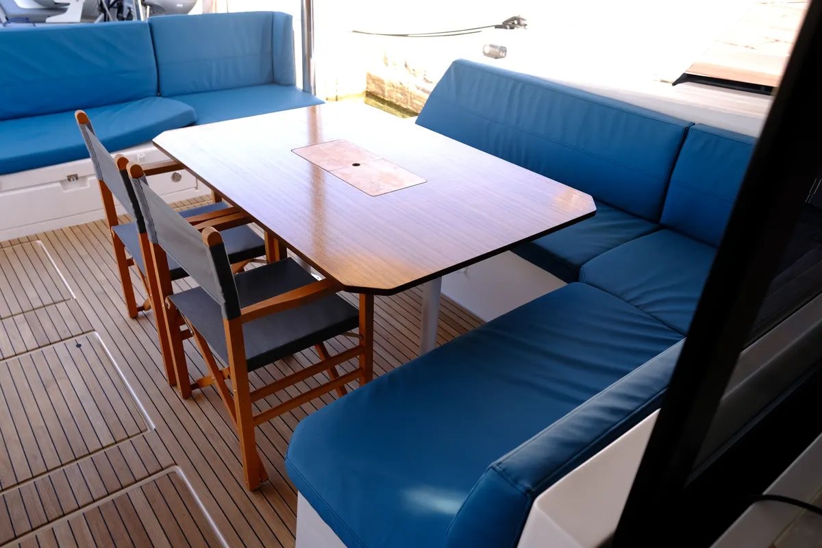 Deck of Abuzz, a Cervetti 44 Power catamaran at Primošten, Croatia
