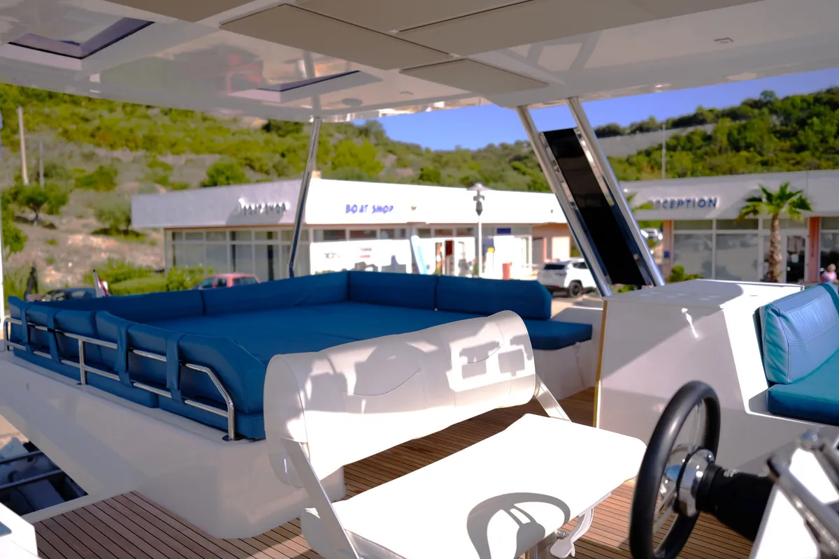 Deck of Abuzz, a Cervetti 44 Power catamaran at Primošten, Croatia