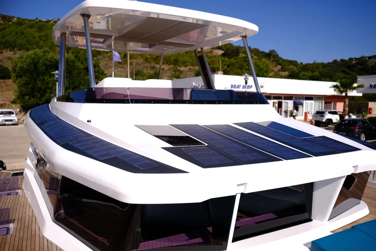 Deck of Abuzz, a Cervetti 44 Power catamaran at Primošten, Croatia
