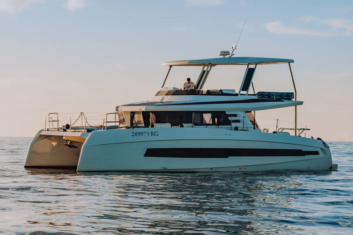 Exterior view of Abuzz, a Cervetti 44 Power catamaran at Primošten, Croatia