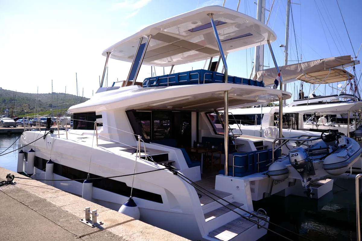 Exterior view of Abuzz, a Cervetti 44 Power catamaran at Primošten, Croatia