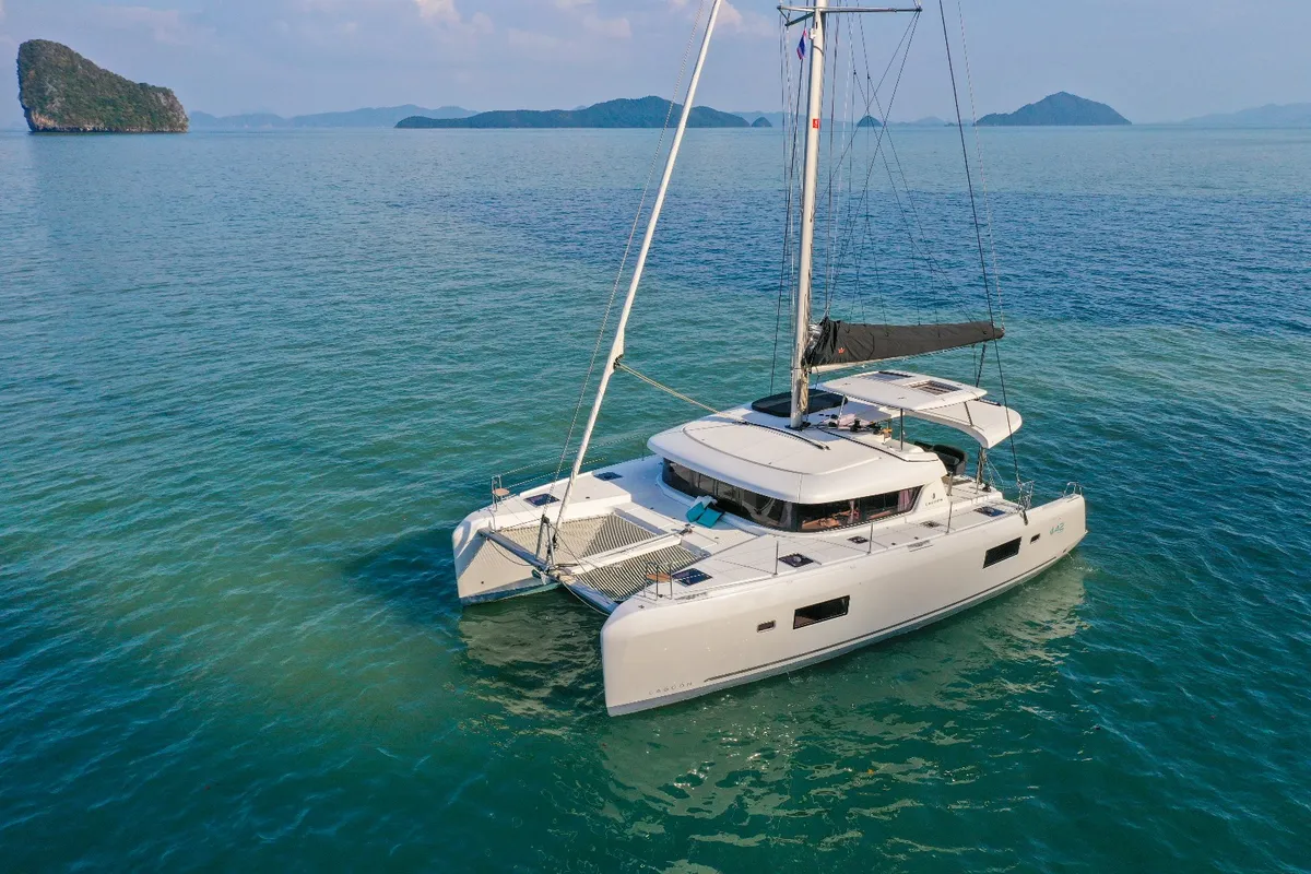 Exterior view of Pronto Angel, a Lagoon 42 catamaran at Fethiye, Turkey