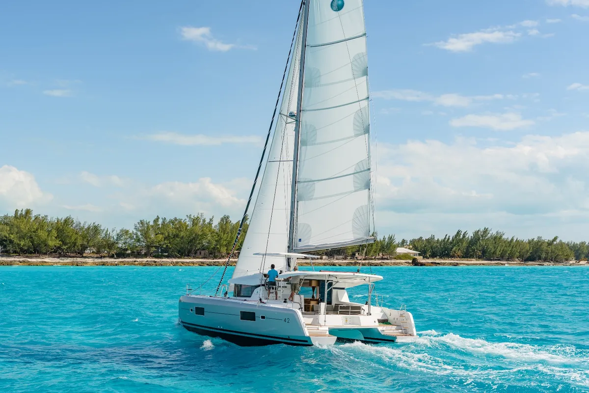 Exterior view of Pronto Angel, a Lagoon 42 catamaran at Fethiye, Turkey