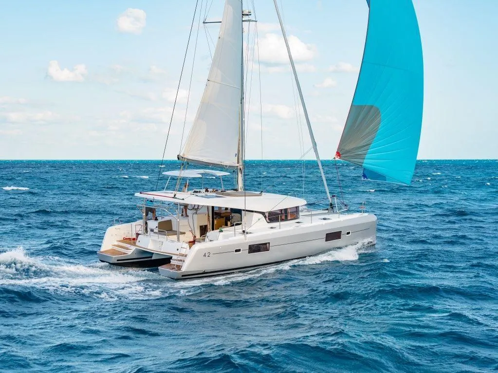 Exterior view of Pronto Angel, a Lagoon 42 catamaran at Fethiye, Turkey