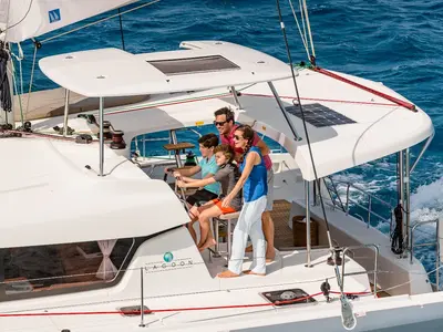 Cockpit of Pronto Angel, a Lagoon 42 catamaran at Fethiye, Turkey