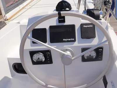 Cockpit of Tehani_X, a Bali Catsmart catamaran at Road Town, British Virgin Islands
