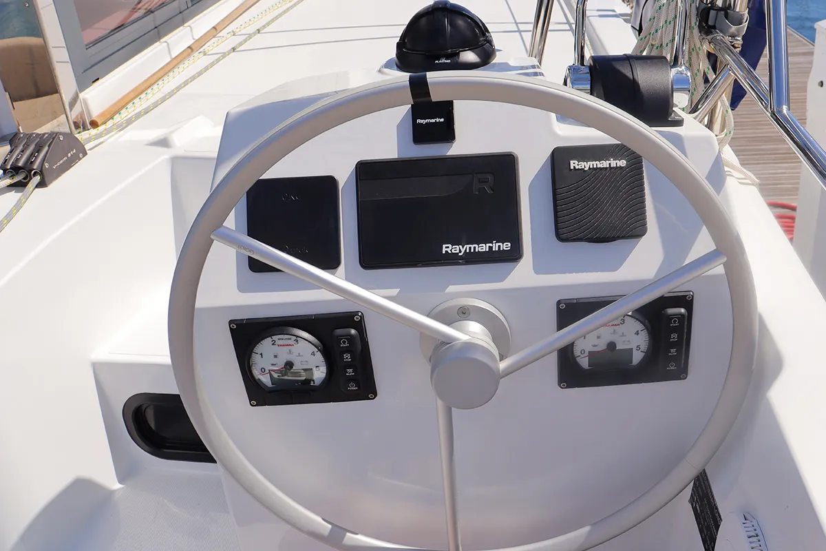 Cockpit of Tehani_X, a Bali Catsmart catamaran at Road Town, British Virgin Islands