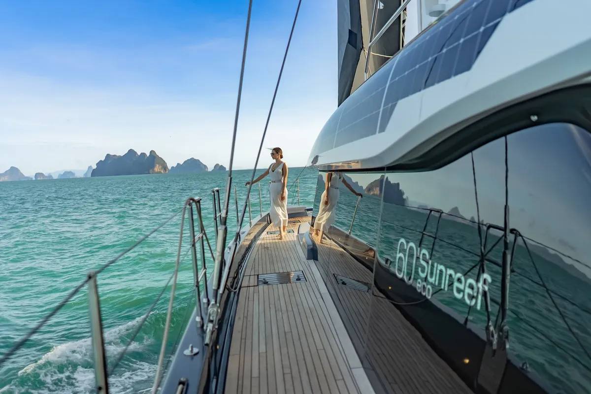 Exterior view of E-Motion, a Sunreef 60 E catamaran at Ko Kaeo, Thailand
