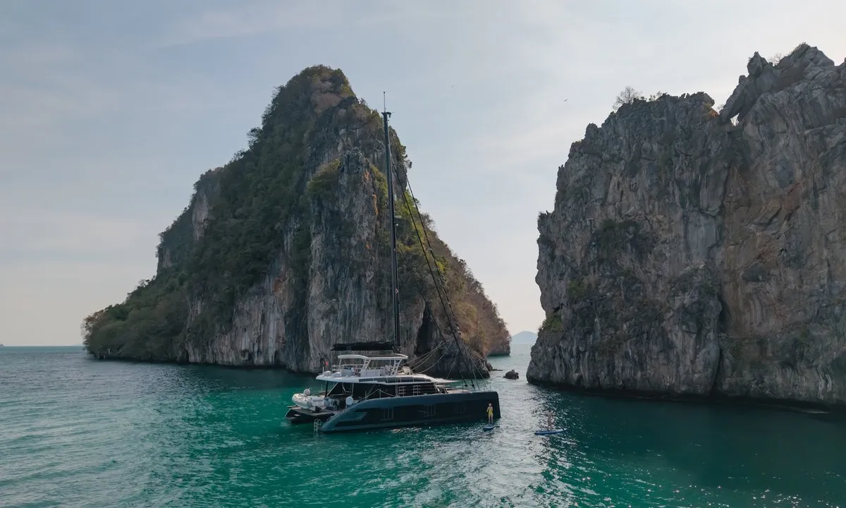 Exterior view of E-Motion, a Sunreef 60 E catamaran at Ko Kaeo, Thailand