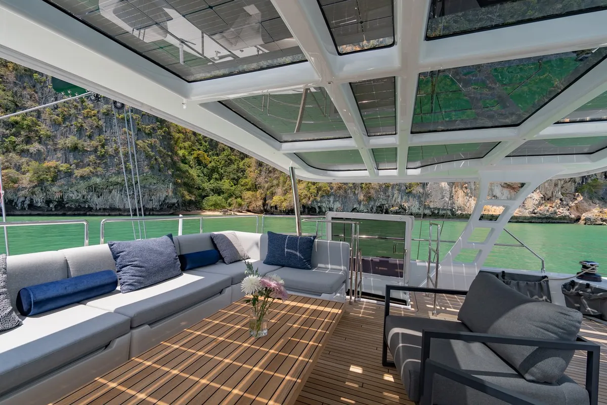 Deck of E-Motion, a Sunreef 60 E catamaran at Ko Kaeo, Thailand