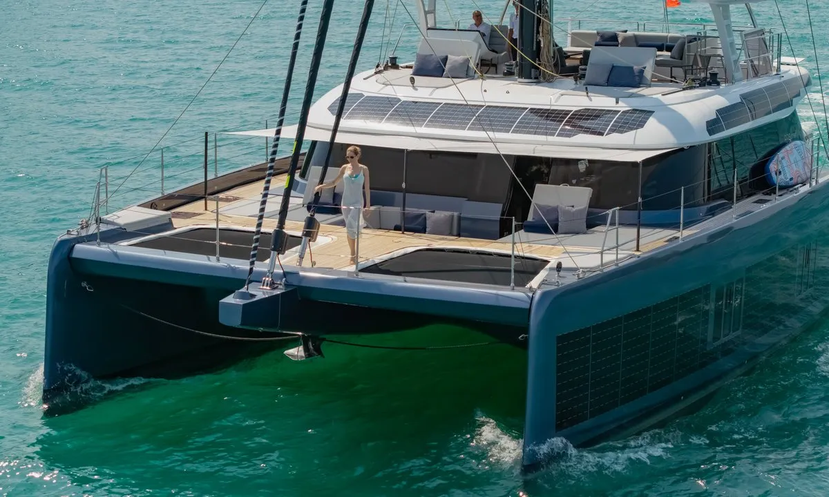 Exterior view of E-Motion, a Sunreef 60 E catamaran at Ko Kaeo, Thailand