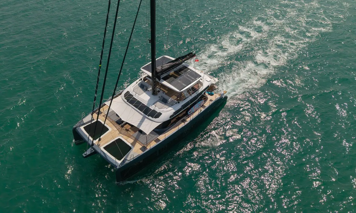 Exterior view of E-Motion, a Sunreef 60 E catamaran at Ko Kaeo, Thailand