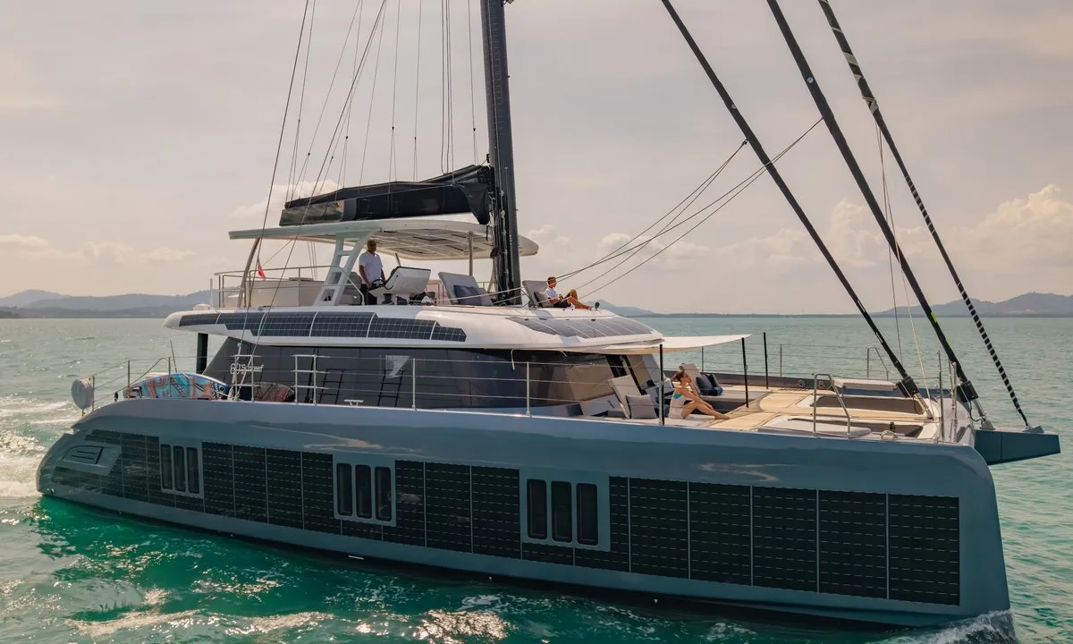 Exterior view of E-Motion, a Sunreef 60 E catamaran at Ko Kaeo, Thailand