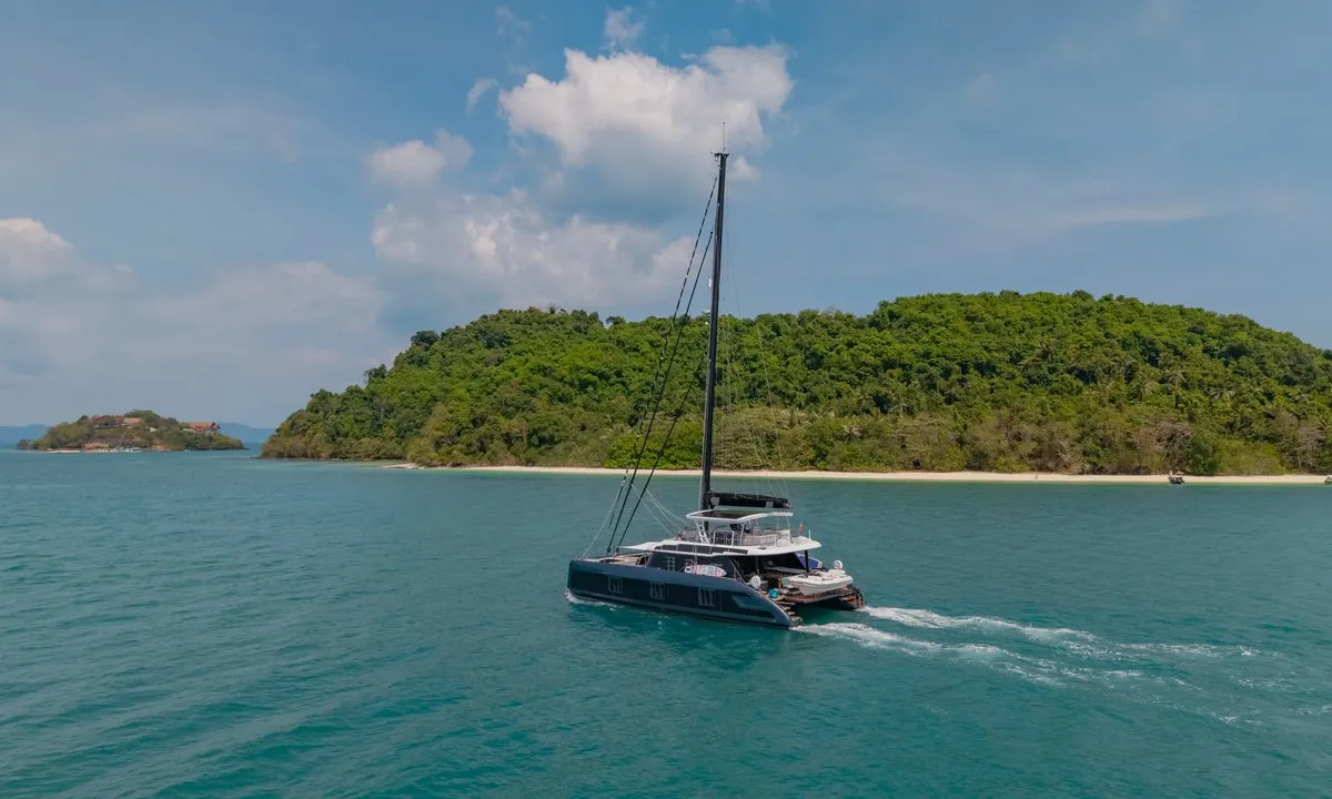Exterior view of E-Motion, a Sunreef 60 E catamaran at Ko Kaeo, Thailand
