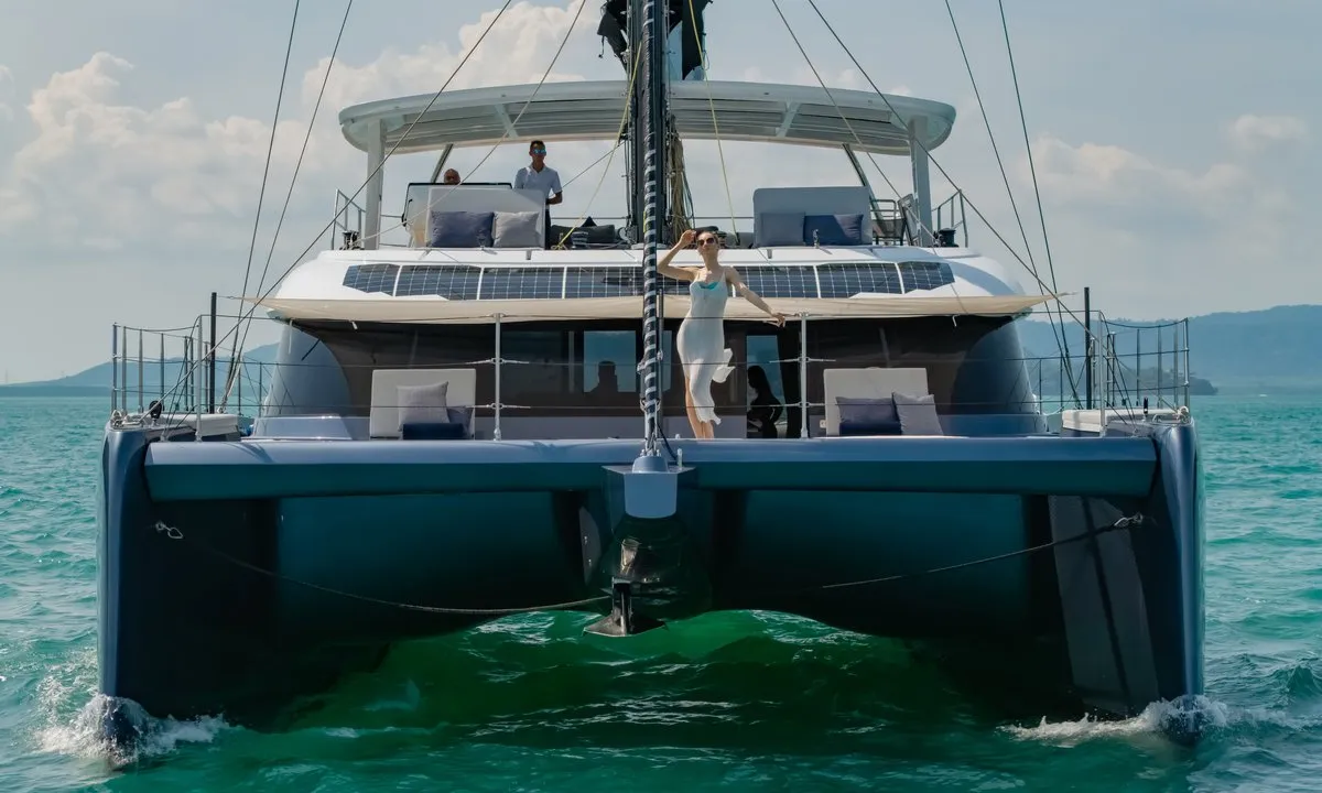 Exterior view of E-Motion, a Sunreef 60 E catamaran at Ko Kaeo, Thailand