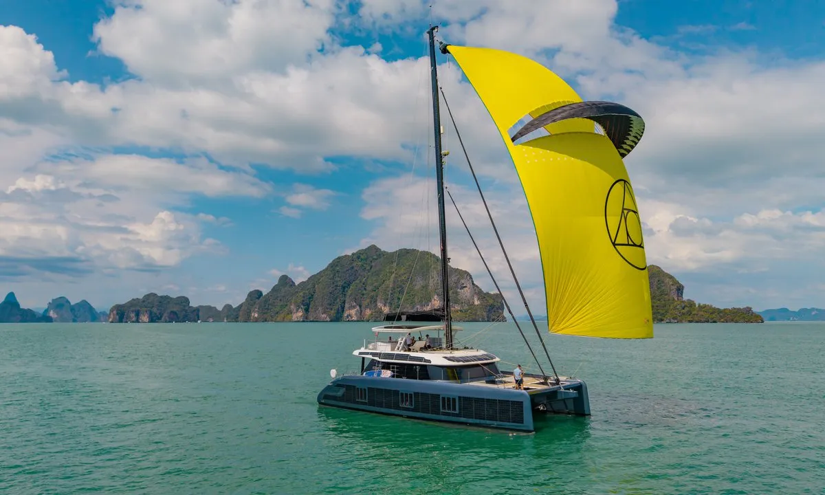 Exterior view of E-Motion, a Sunreef 60 E catamaran at Ko Kaeo, Thailand