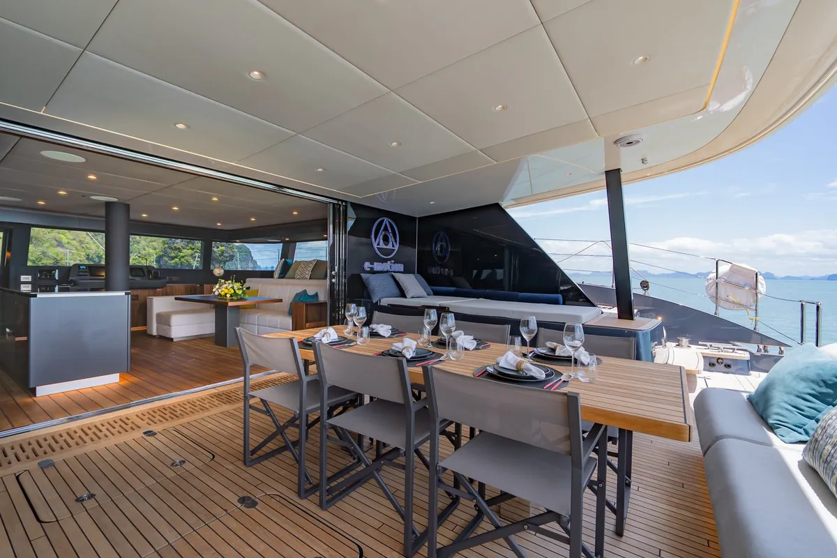 Deck of E-Motion, a Sunreef 60 E catamaran at Ko Kaeo, Thailand