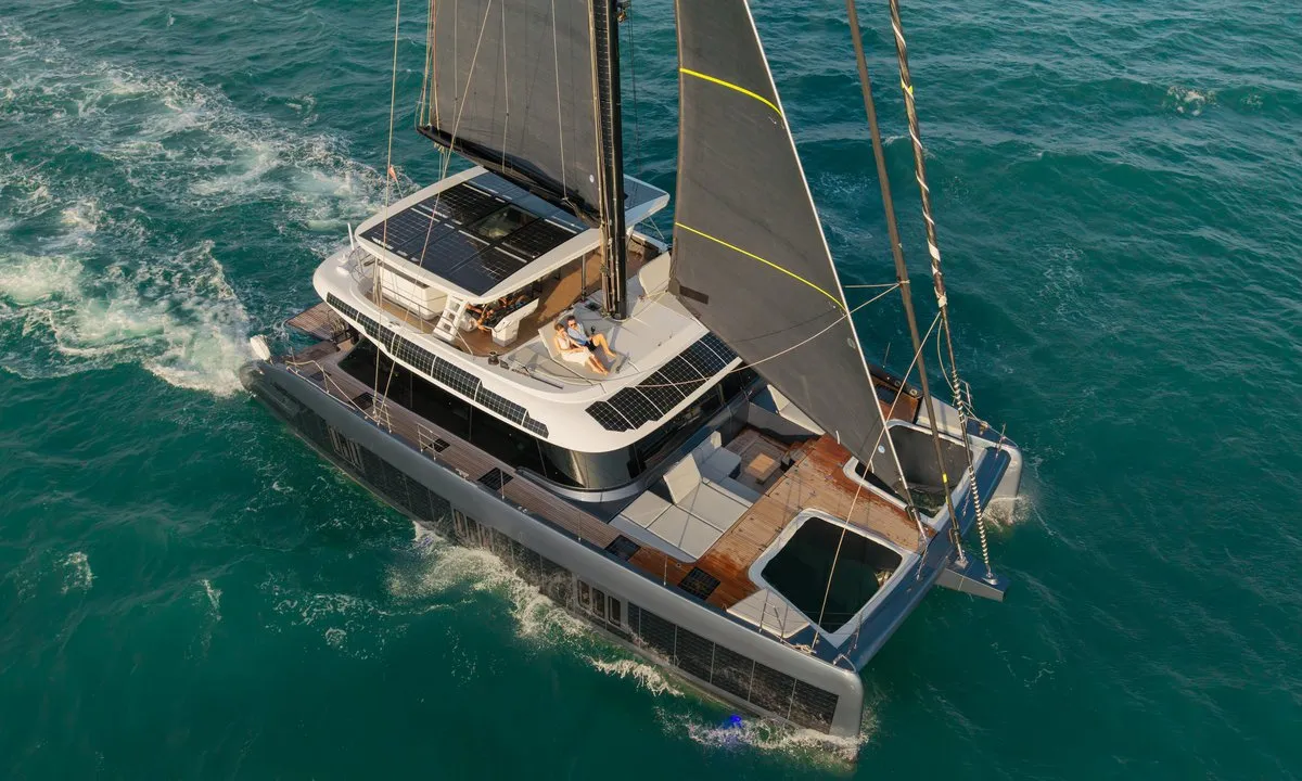 Exterior view of E-Motion, a Sunreef 60 E catamaran at Ko Kaeo, Thailand