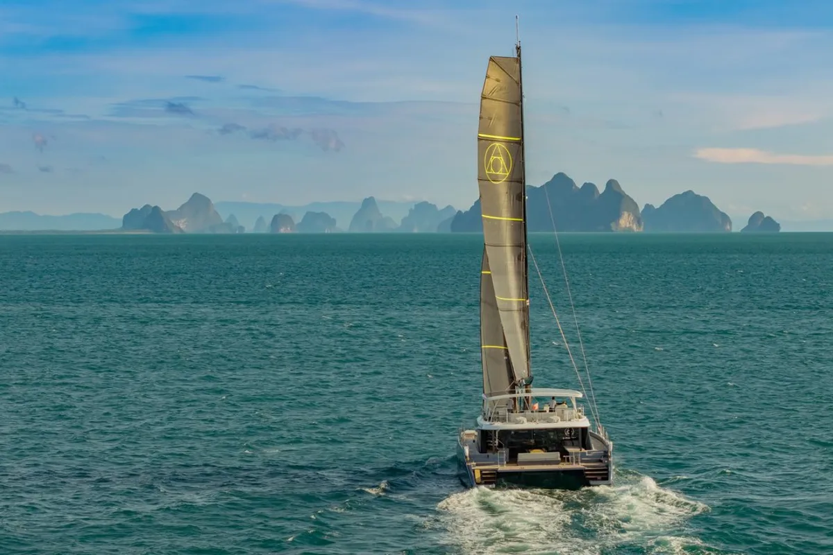 Exterior view of E-Motion, a Sunreef 60 E catamaran at Ko Kaeo, Thailand