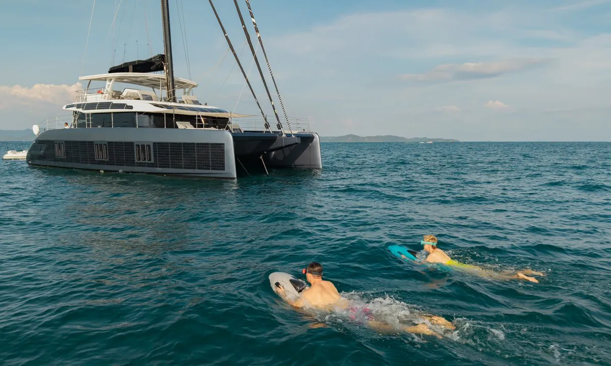 Exterior view of E-Motion, a Sunreef 60 E catamaran at Ko Kaeo, Thailand