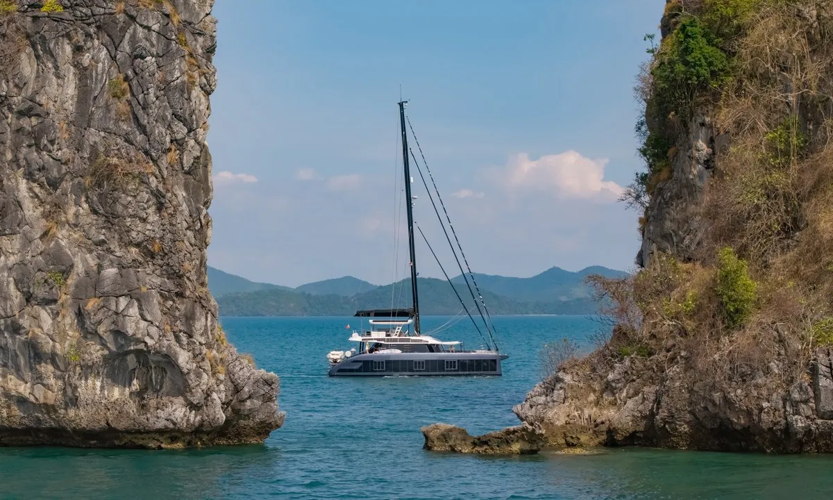 Exterior view of E-Motion, a Sunreef 60 E catamaran at Ko Kaeo, Thailand