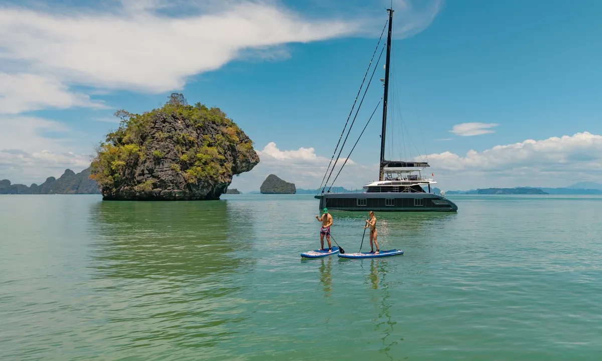Exterior view of E-Motion, a Sunreef 60 E catamaran at Ko Kaeo, Thailand