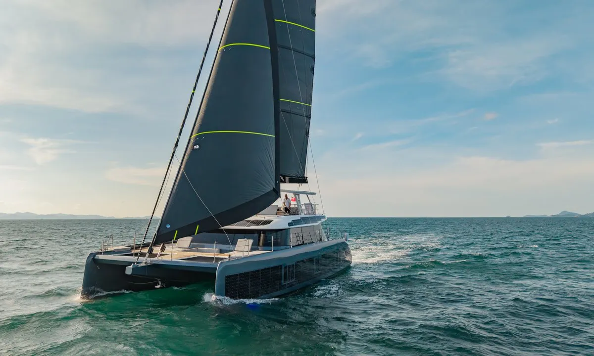 Exterior view of E-Motion, a Sunreef 60 E catamaran at Ko Kaeo, Thailand