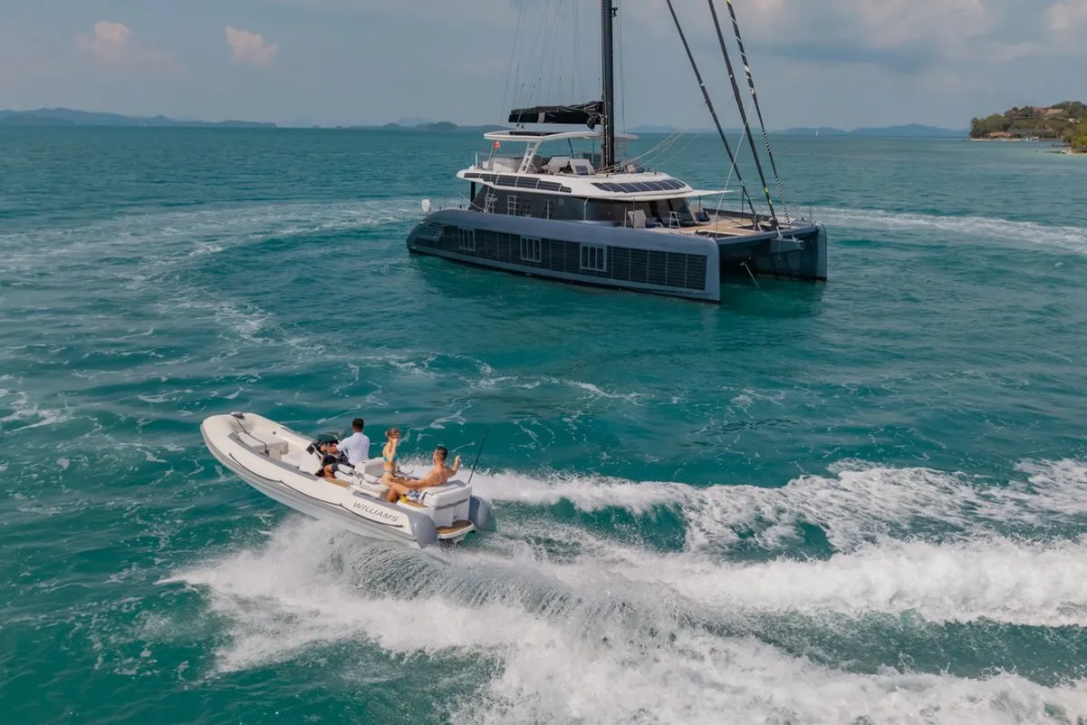 Exterior view of E-Motion, a Sunreef 60 E catamaran at Ko Kaeo, Thailand