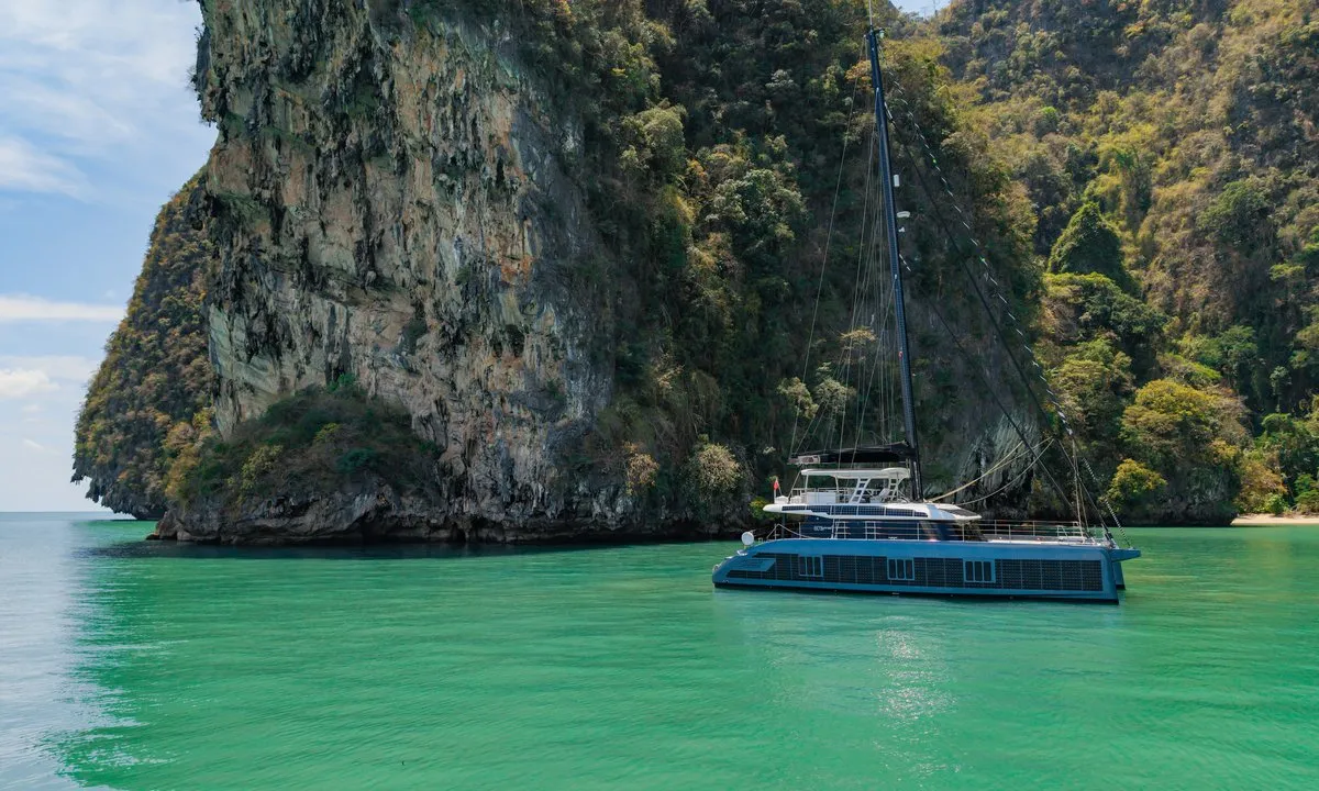 Exterior view of E-Motion, a Sunreef 60 E catamaran at Ko Kaeo, Thailand