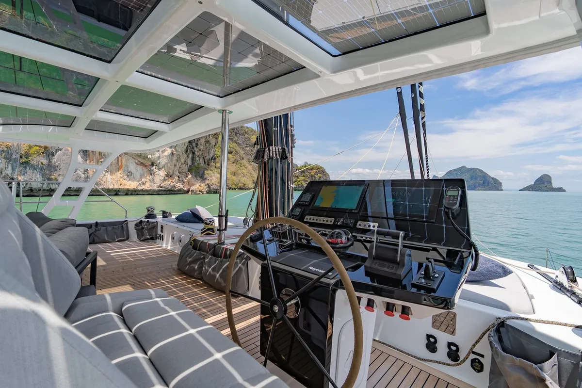 Cockpit of E-Motion, a Sunreef 60 E catamaran at Ko Kaeo, Thailand