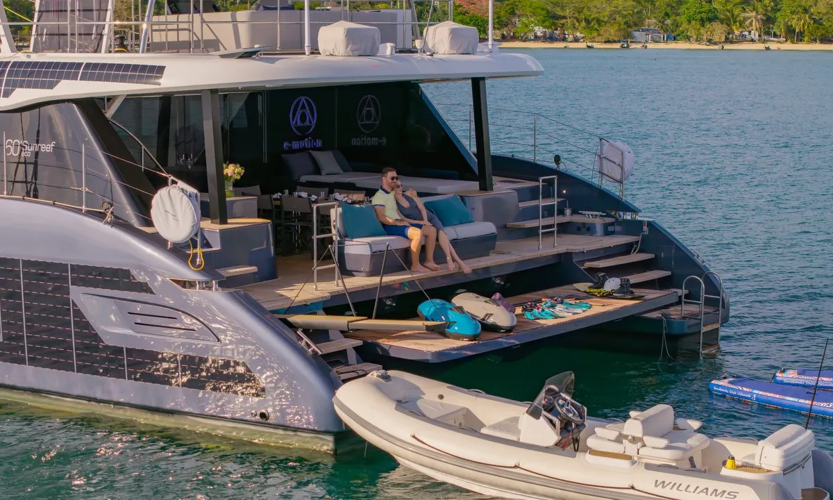 Deck of E-Motion, a Sunreef 60 E catamaran at Ko Kaeo, Thailand