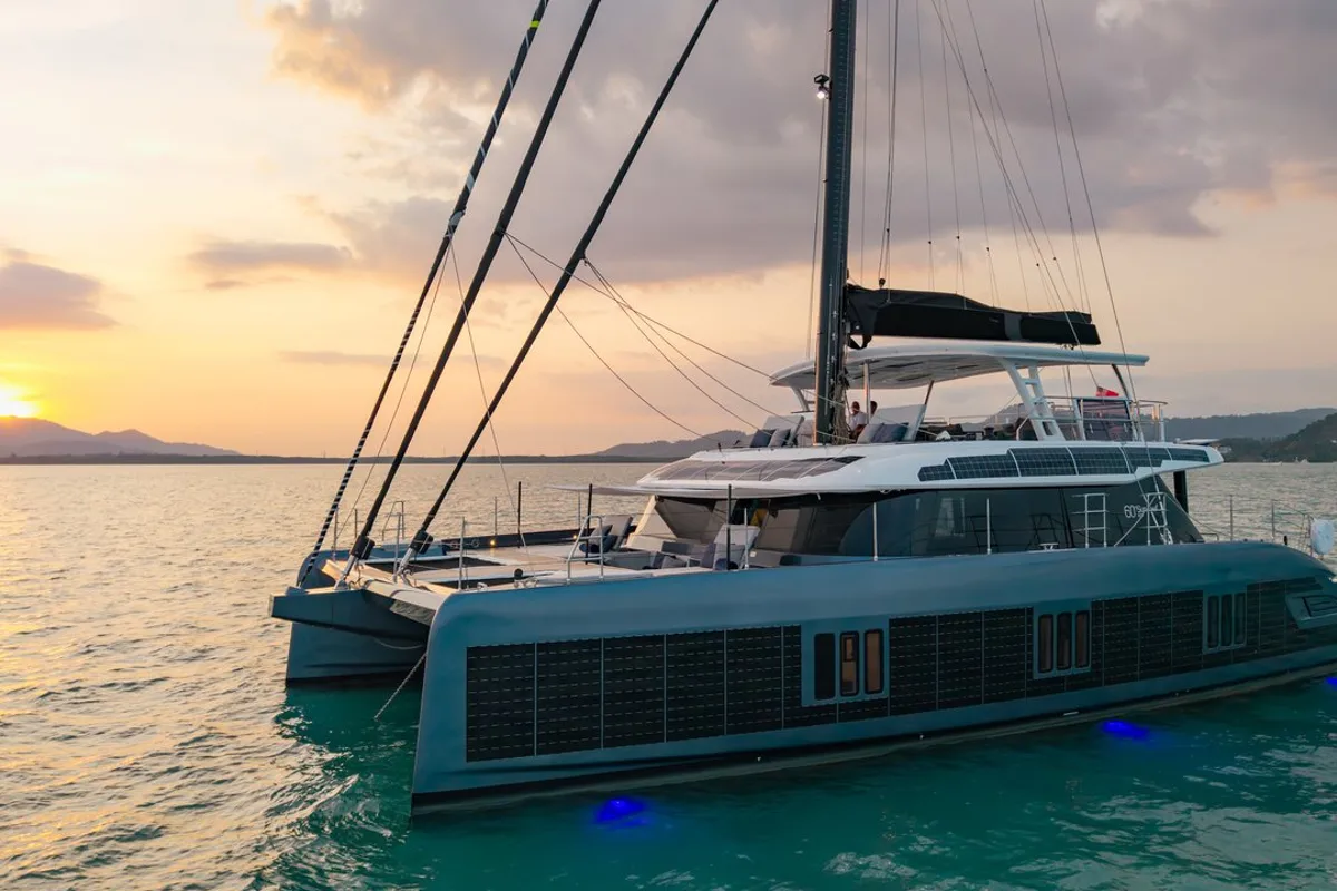 Exterior view of E-Motion, a Sunreef 60 E catamaran at Ko Kaeo, Thailand