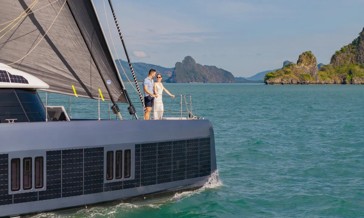Exterior view of E-Motion, a Sunreef 60 E catamaran at Ko Kaeo, Thailand
