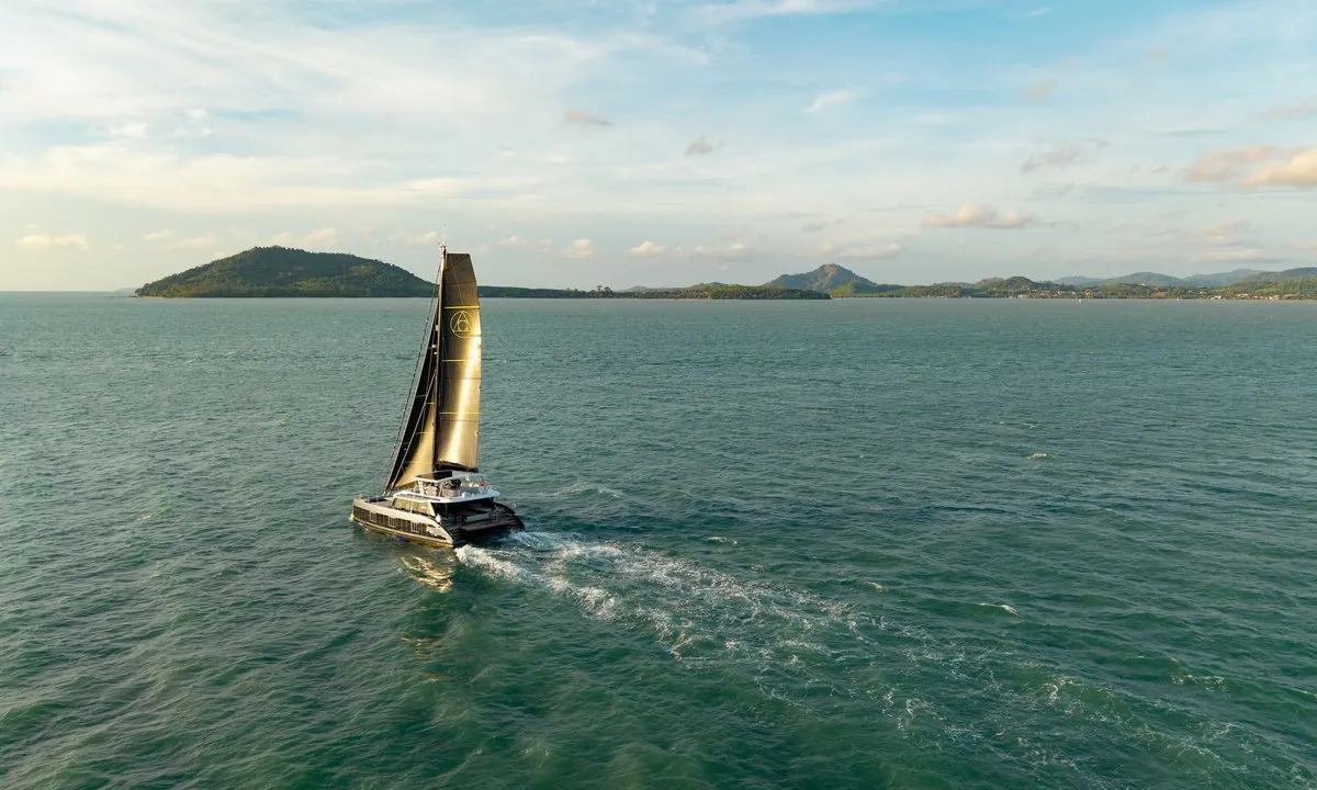 Exterior view of E-Motion, a Sunreef 60 E catamaran at Ko Kaeo, Thailand