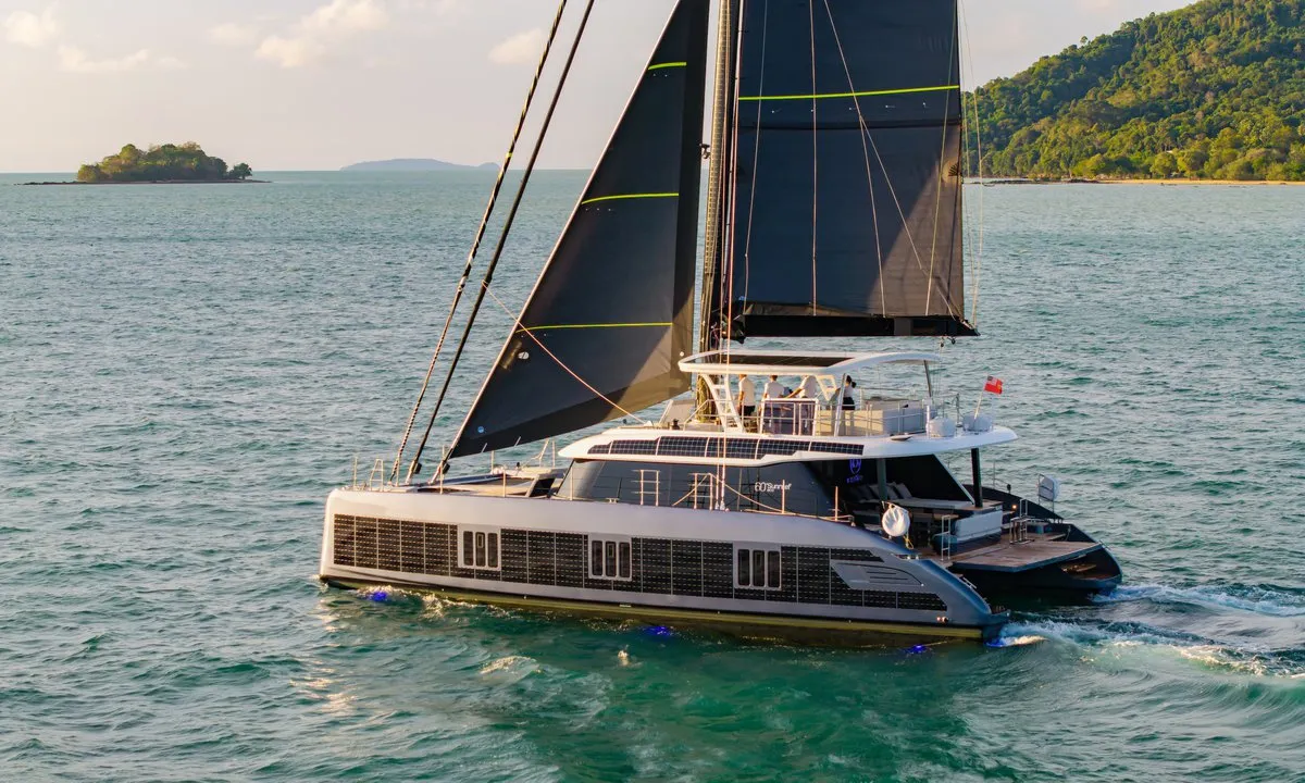 Exterior view of E-Motion, a Sunreef 60 E catamaran at Ko Kaeo, Thailand