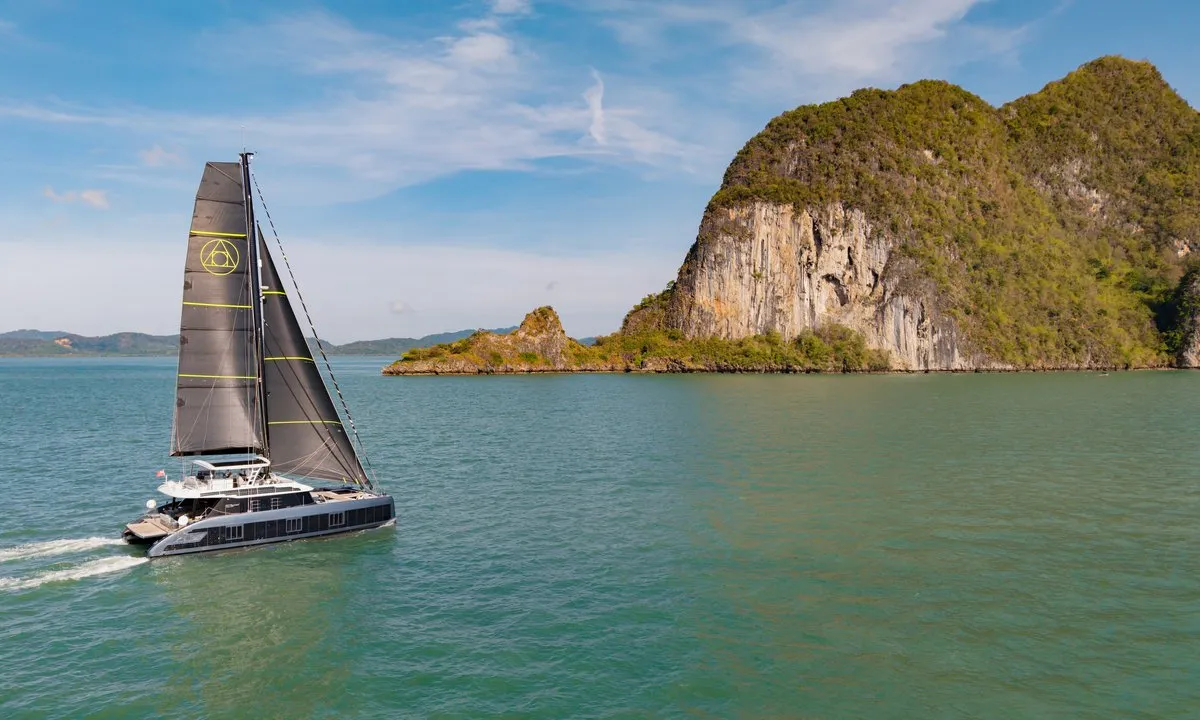 Exterior view of E-Motion, a Sunreef 60 E catamaran at Ko Kaeo, Thailand