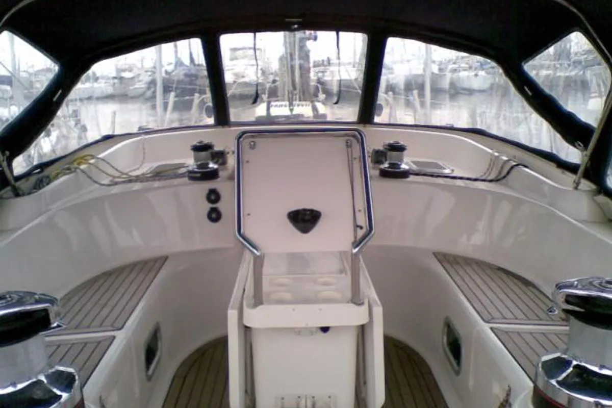 Cockpit of FanClub VII, a Ocean Star 51.2 sailboat at Athens, Greece