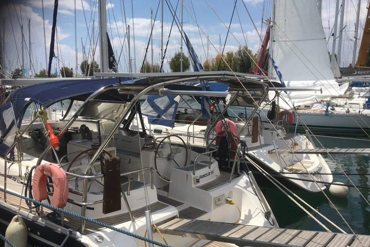 Deck of FanClub VII, a Ocean Star 51.2 sailboat at Athens, Greece