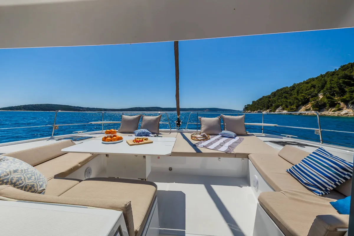 Deck of AURA, a Bali 4.8 catamaran at Municipal Unit of Nea Peramos, Greece