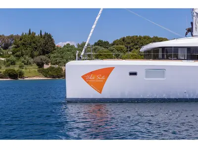 Exterior view of Lost Cat, a Lagoon 39 catamaran at Preveza, Greece