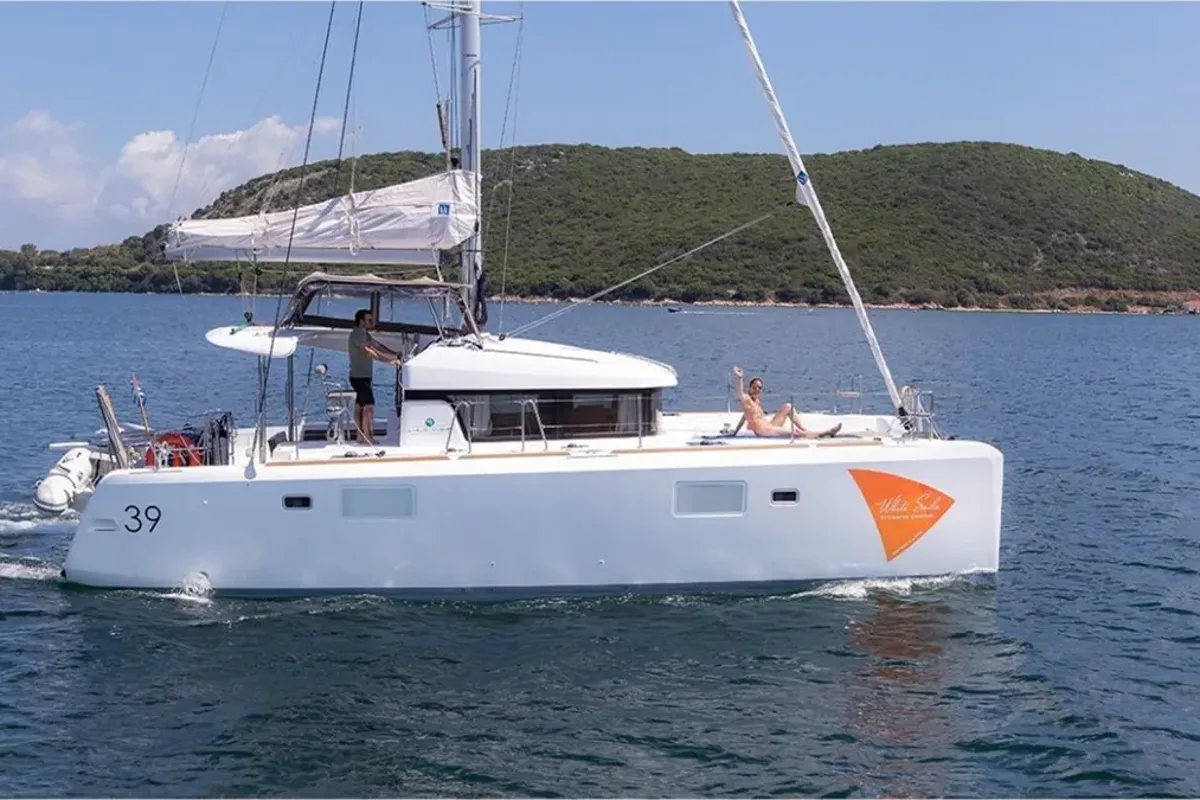 Exterior view of Lost Cat, a Lagoon 39 catamaran at Preveza, Greece