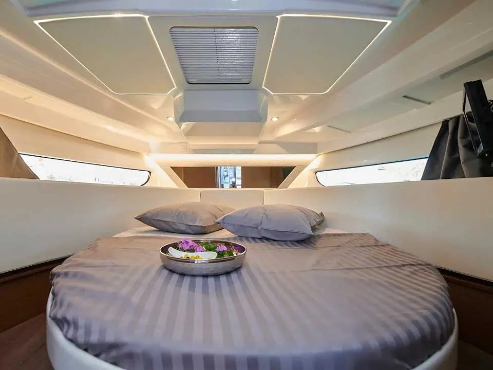 Cabin on Merry Fisher 1095 Fly, a Jeanneau Merry Fisher 1095 Fly motorboat at Grad Trogir, Croatia