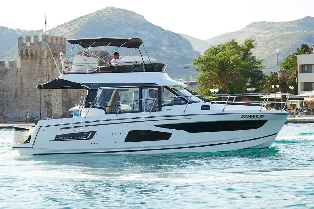 Exterior view of Merry Fisher 1095 Fly, a Jeanneau Merry Fisher 1095 Fly motorboat at Grad Trogir, Croatia