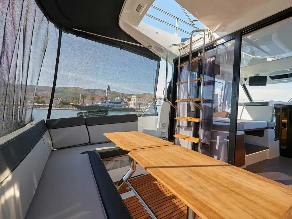 Deck of Merry Fisher 1095 Fly, a Jeanneau Merry Fisher 1095 Fly motorboat at Grad Trogir, Croatia