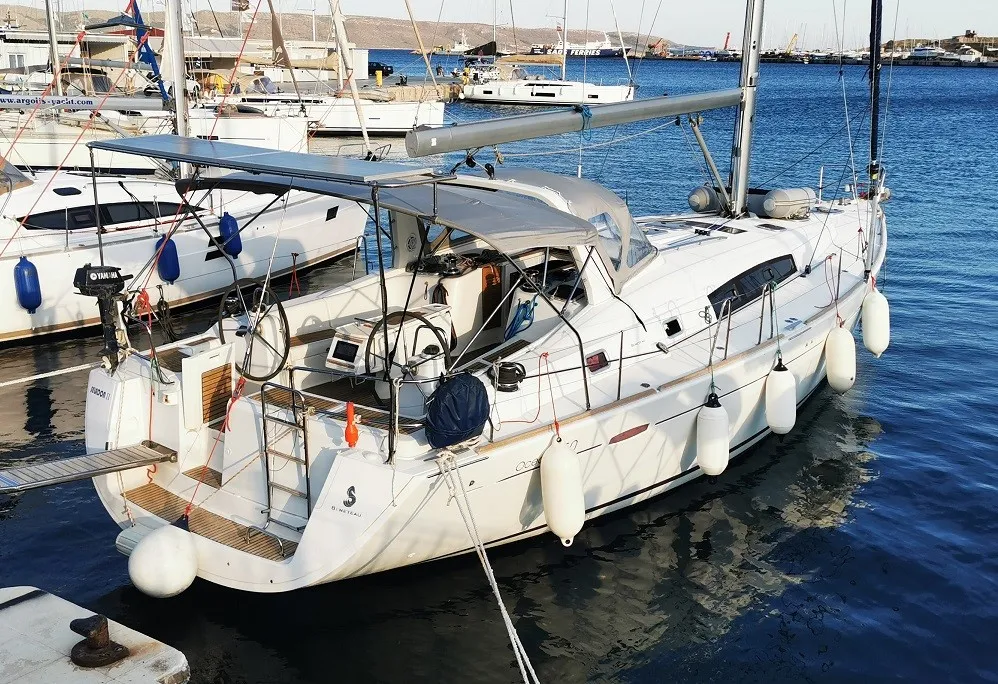 Exterior view of Seladon II, a Beneteau Oceanis 50 sailboat at Lavreotiki Municipal Unit, Greece